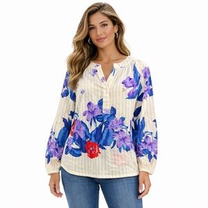 Vintage 1970s Boho Floral  Hippie Sheer Polyester Top Striped Peasant Blouse